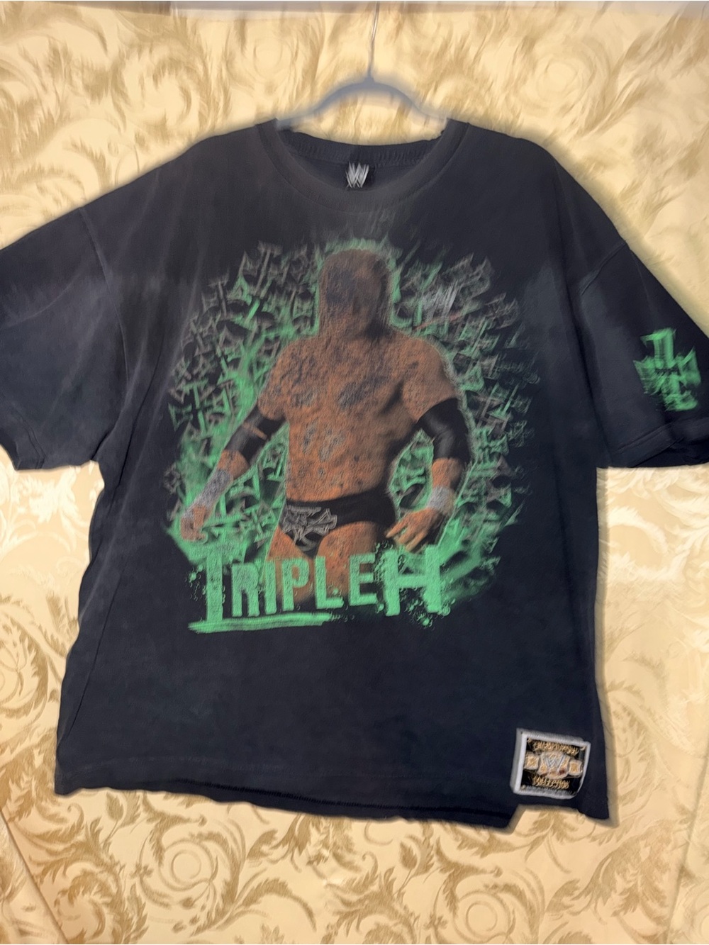 Black Triple H Graphic Short Sleeve Tee with Green Accents